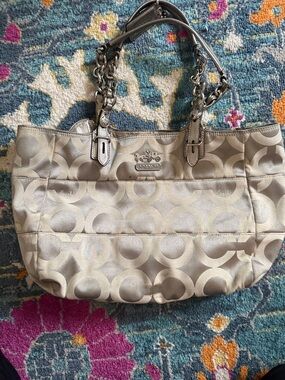 Coach Metallic Champagne Signature Circle Tote with Chain Handles